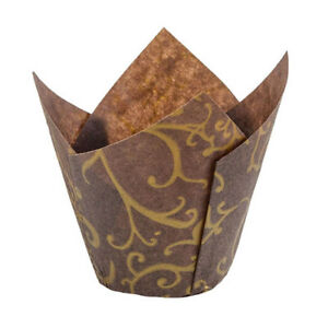 Brown With Gold Scroll Tulip Baking Cup